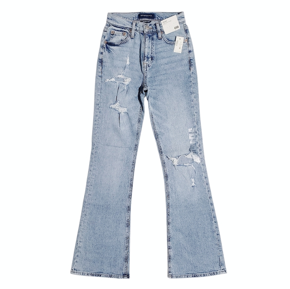 Aeropostale Womens High-Rise Flare Stretch Distressed Jean Light Wash Size 0-Reg